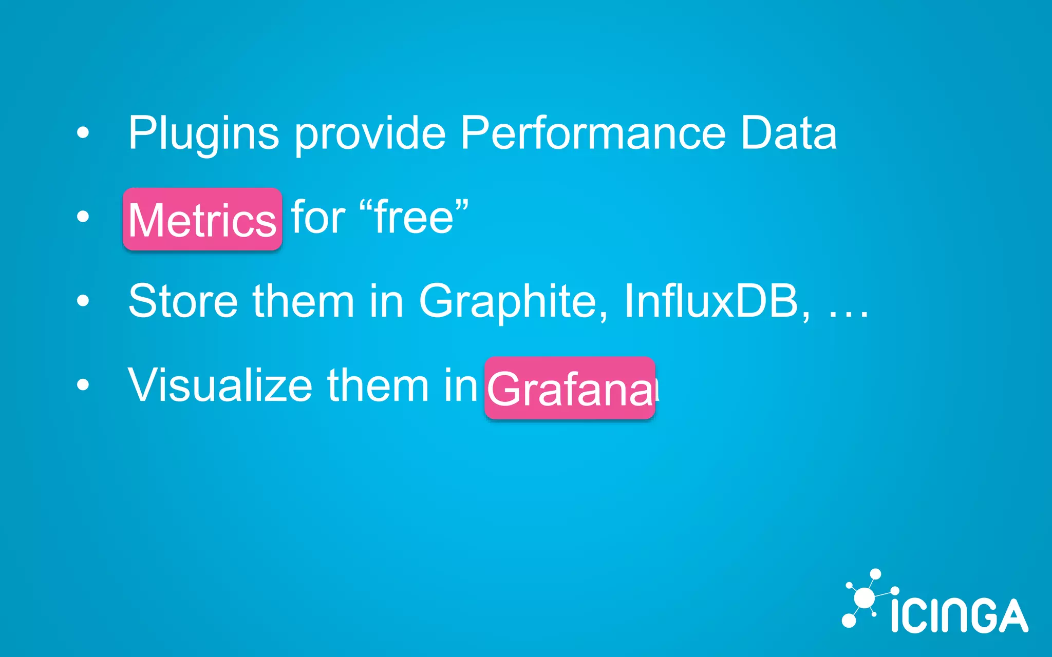 • Plugins provide Performance Data
• Metrics for “free”
• Store them in Graphite, InfluxDB, …
• Visualize them in Grafana
Metrics
Grafana
 