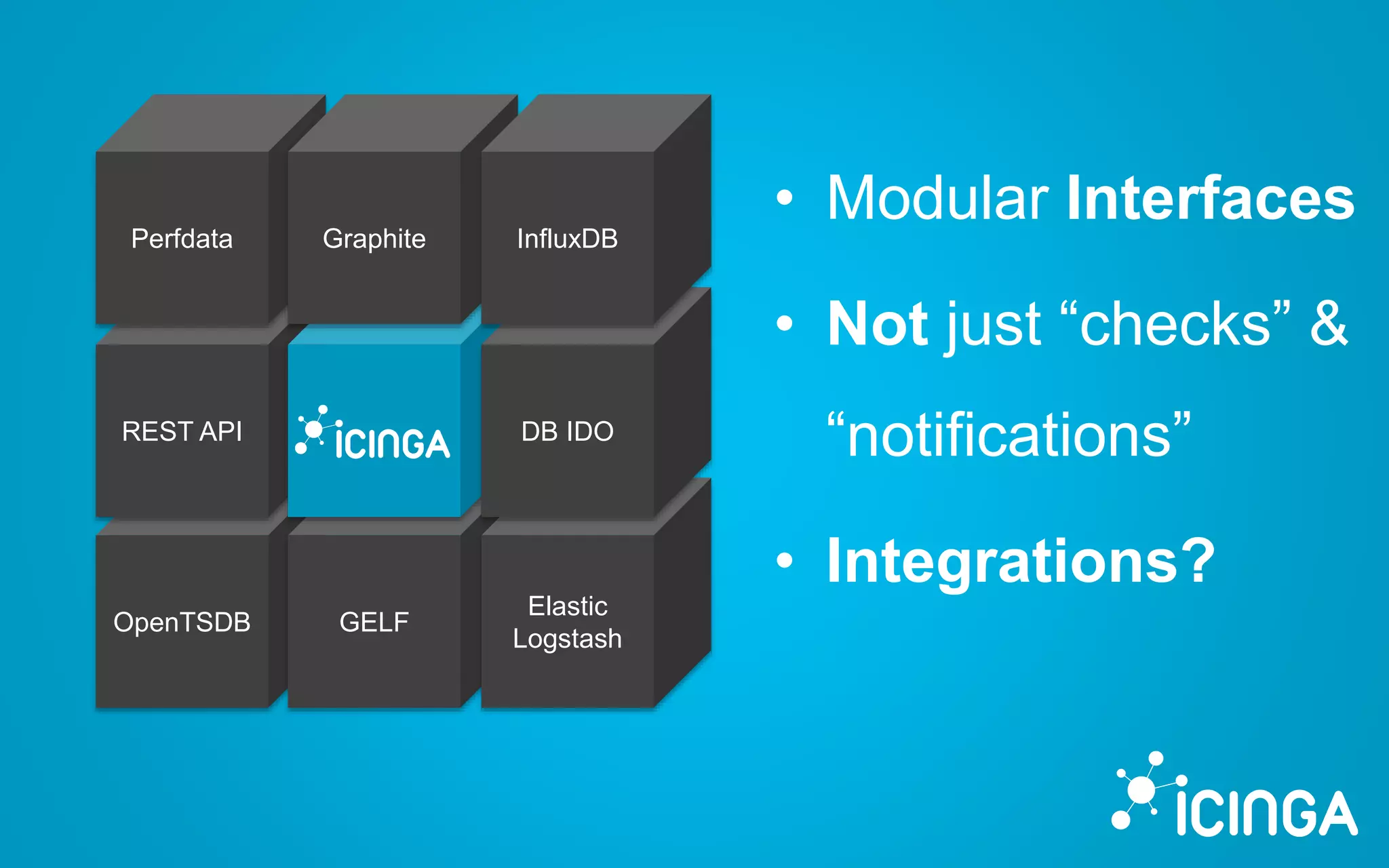 OpenTSDB
REST API
GELF
Perfdata Graphite
Elastic
Logstash
DB IDO
InfluxDB
• Modular Interfaces
• Not just “checks” &
“notifications”
• Integrations?
 