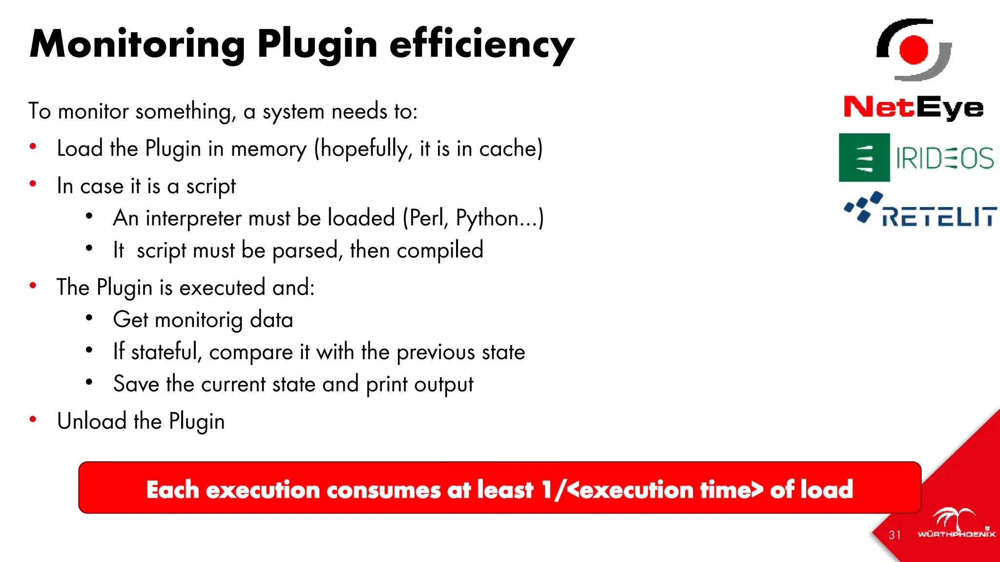 31
Monitoring Plugin efficiency
To monitor something, a system needs to:
• Load the Plugin in memory (hopefully, it is in cache)
• In case it is a script
• An interpreter must be loaded (Perl, Python…)
• It script must be parsed, then compiled
• The Plugin is executed and:
• Get monitorig data
• If stateful, compare it with the previous state
• Save the current state and print output
• Unload the Plugin
Each execution consumes at least 1/<execution time> of load
 