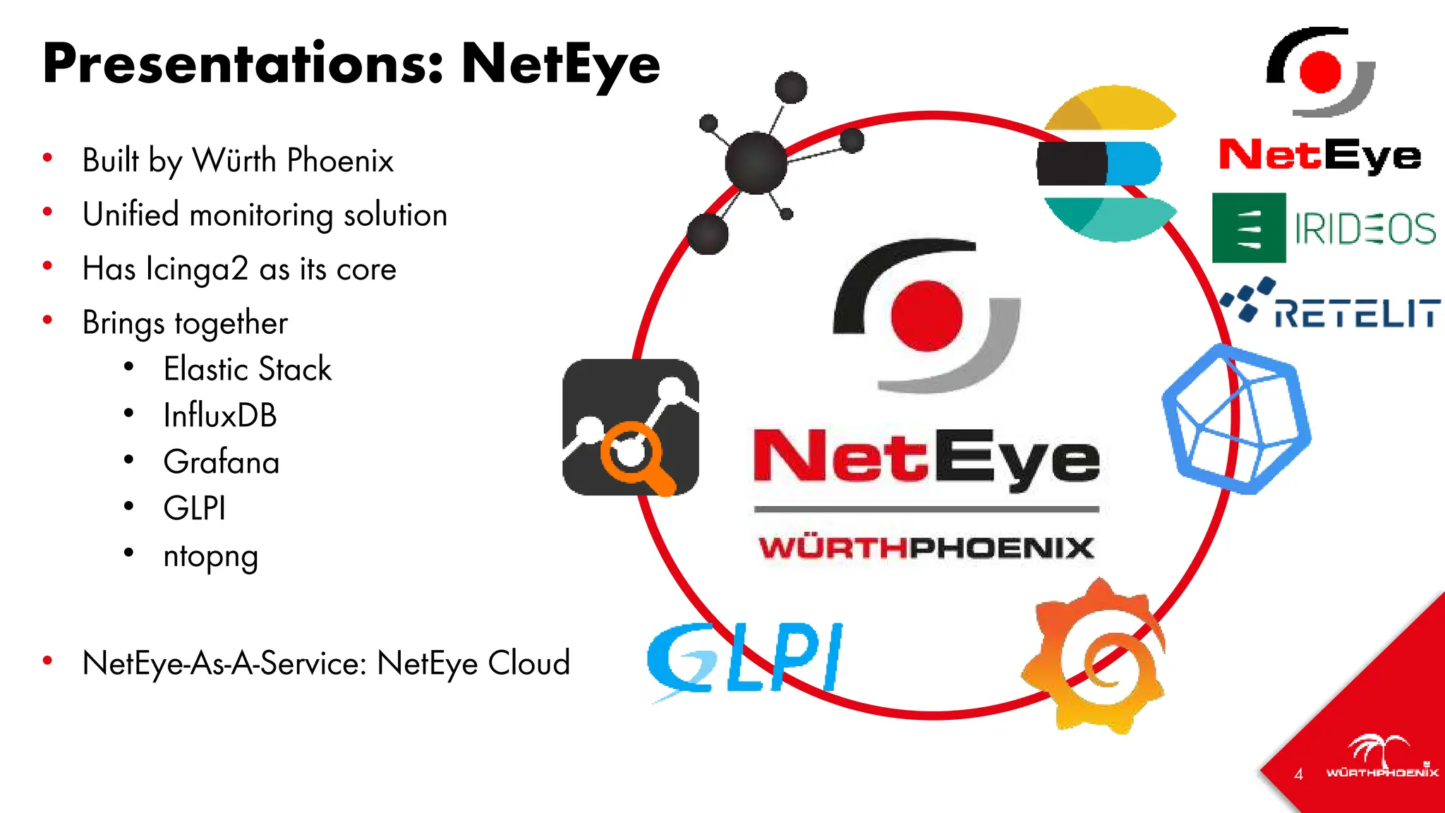 4
Presentations: NetEye
• Built by Würth Phoenix
• Unified monitoring solution
• Has Icinga2 as its core
• Brings together
• Elastic Stack
• InfluxDB
• Grafana
• GLPI
• ntopng
• NetEye-As-A-Service: NetEye Cloud
 