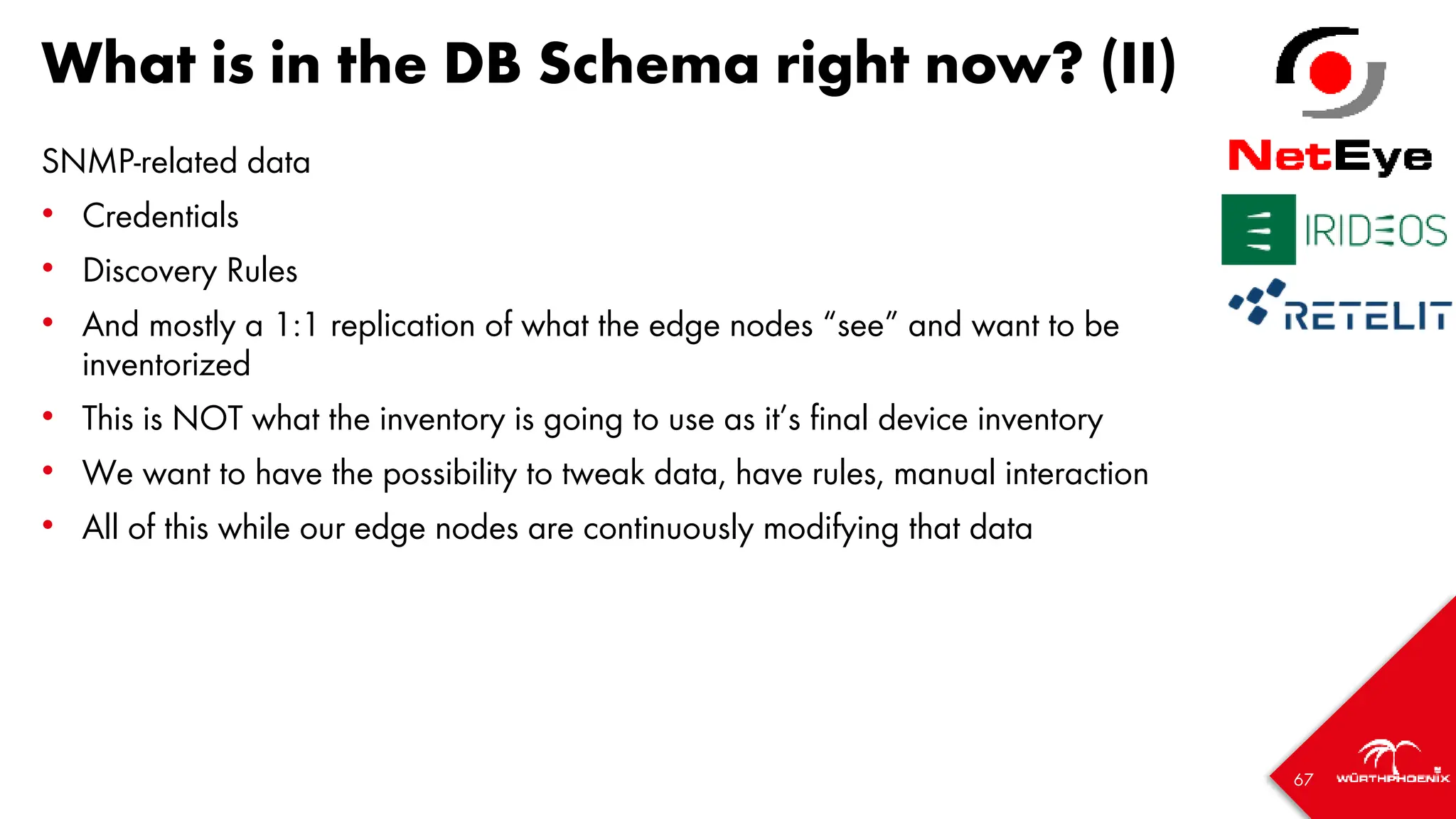 67
What is in the DB Schema right now? (II)
SNMP-related data
• Credentials
• Discovery Rules
• And mostly a 1:1 replication of what the edge nodes “see” and want to be
inventorized
• This is NOT what the inventory is going to use as it’s final device inventory
• We want to have the possibility to tweak data, have rules, manual interaction
• All of this while our edge nodes are continuously modifying that data
 