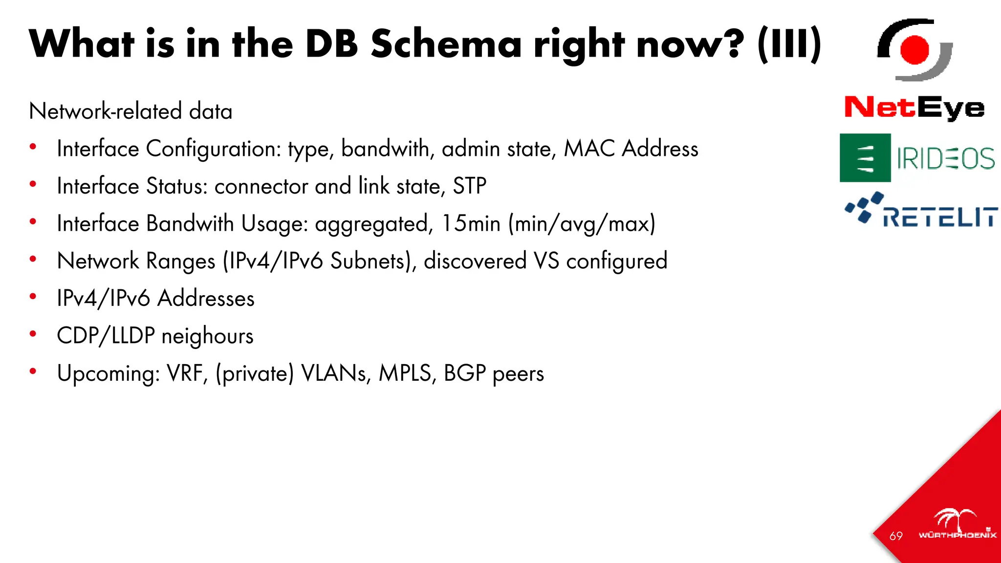 69
What is in the DB Schema right now? (III)
Network-related data
• Interface Configuration: type, bandwith, admin state, MAC Address
• Interface Status: connector and link state, STP
• Interface Bandwith Usage: aggregated, 15min (min/avg/max)
• Network Ranges (IPv4/IPv6 Subnets), discovered VS configured
• IPv4/IPv6 Addresses
• CDP/LLDP neighours
• Upcoming: VRF, (private) VLANs, MPLS, BGP peers
 
