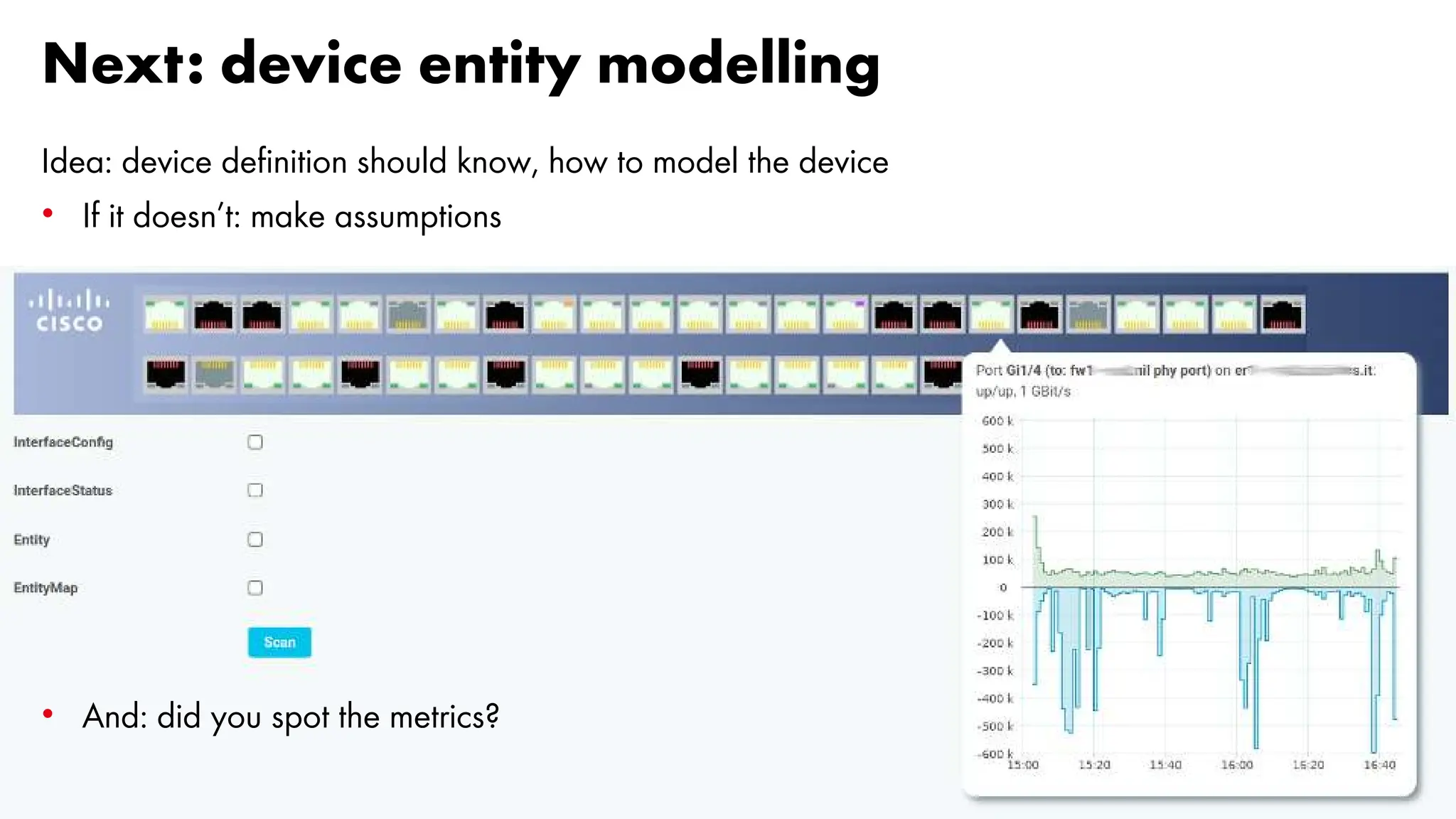 Next: device entity modelling
Idea: device definition should know, how to model the device
• If it doesn’t: make assumptions
• And: did you spot the metrics?
 