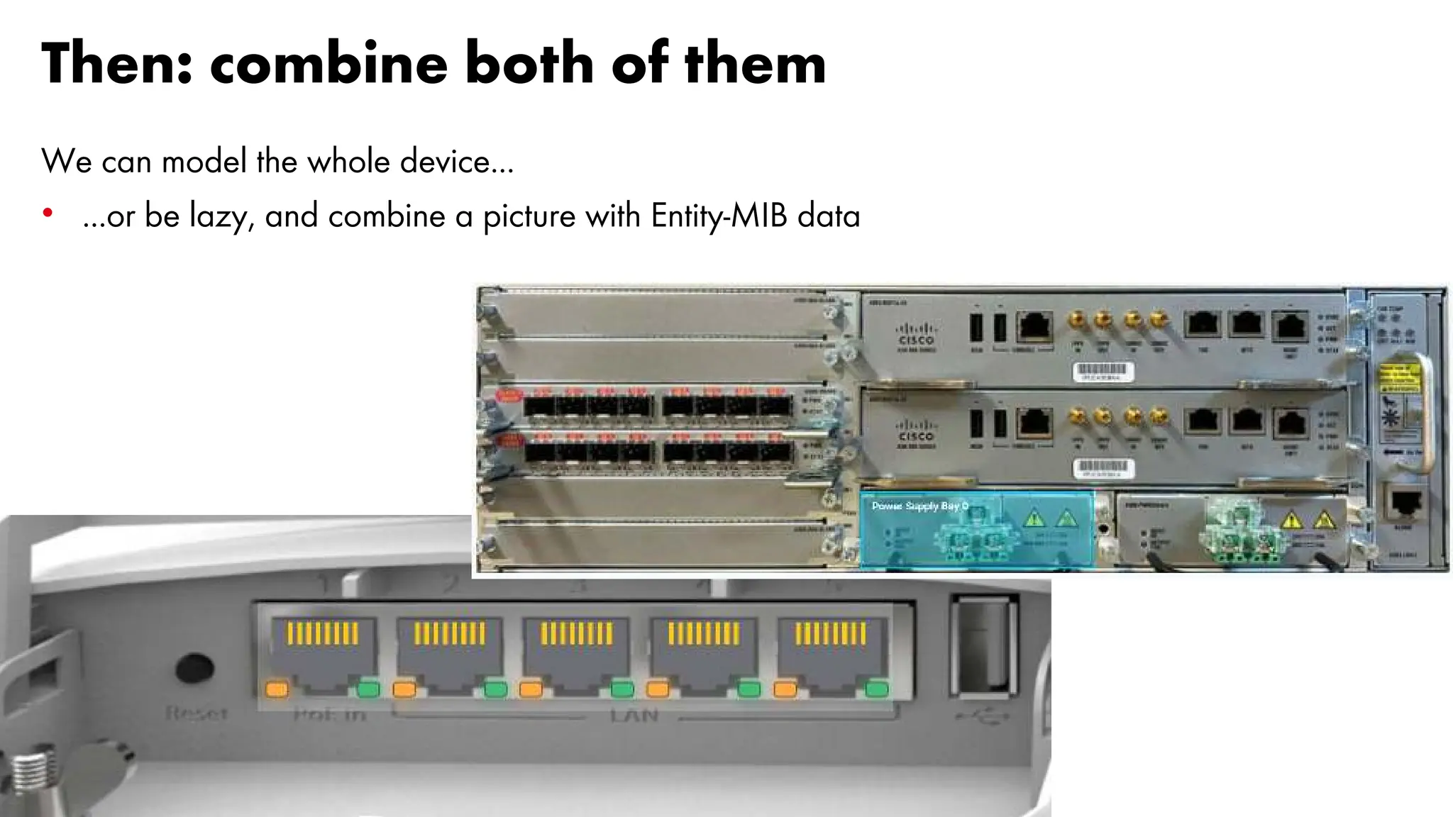 Then: combine both of them
We can model the whole device...
• ...or be lazy, and combine a picture with Entity-MIB data
 