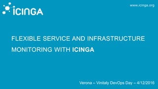www.icinga.org
Verona – Vinitaly DevOps Day – 4/12/2016
FLEXIBLE SERVICE AND INFRASTRUCTURE
MONITORING WITH ICINGA
 