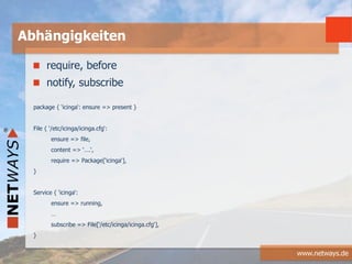 www.netways.de
require, before
notify, subscribe
package { ‘icinga‘: ensure => present }
File { ‘/etc/icinga/icinga.cfg‘:
ensure => file,
content => ‘….‘,
require => Package[‘icinga‘],
}
Service { ‘icinga‘:
ensure => running,
…
subscribe => File[‘/etc/icinga/icinga.cfg‘],
}
Abhängigkeiten
 
