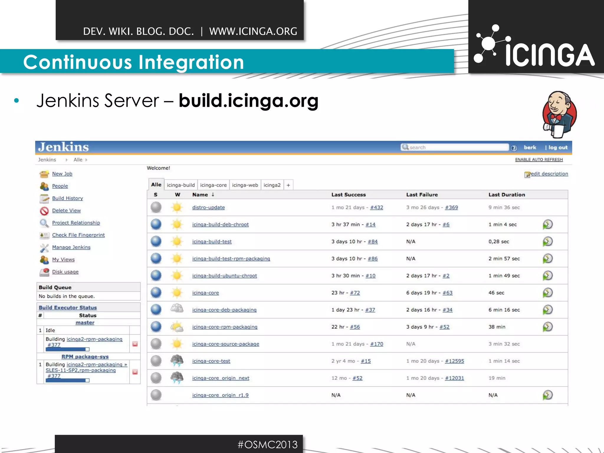 DEV. WIKI. BLOG. DOC. | WWW.ICINGA.ORG

Continuous Integration
• Jenkins Server – build.icinga.org

#OSMC2013

 