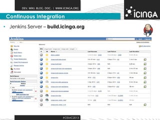 DEV. WIKI. BLOG. DOC. | WWW.ICINGA.ORG

Continuous Integration
• Jenkins Server – build.icinga.org

#OSMC2013

 