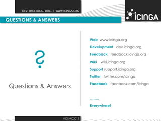 DEV. WIKI. BLOG. DOC. | WWW.ICINGA.ORG

QUESTIONS & ANSWERS

Web www.icinga.org

?

Development dev.icinga.org
Feedback feedback.icinga.org
Wiki

wiki.icinga.org

Support support.icinga.org
Twitter twitter.com/icinga

Questions & Answers

Facebook facebook.com/icinga

……..

Everywhere!

#OSMC2013

 