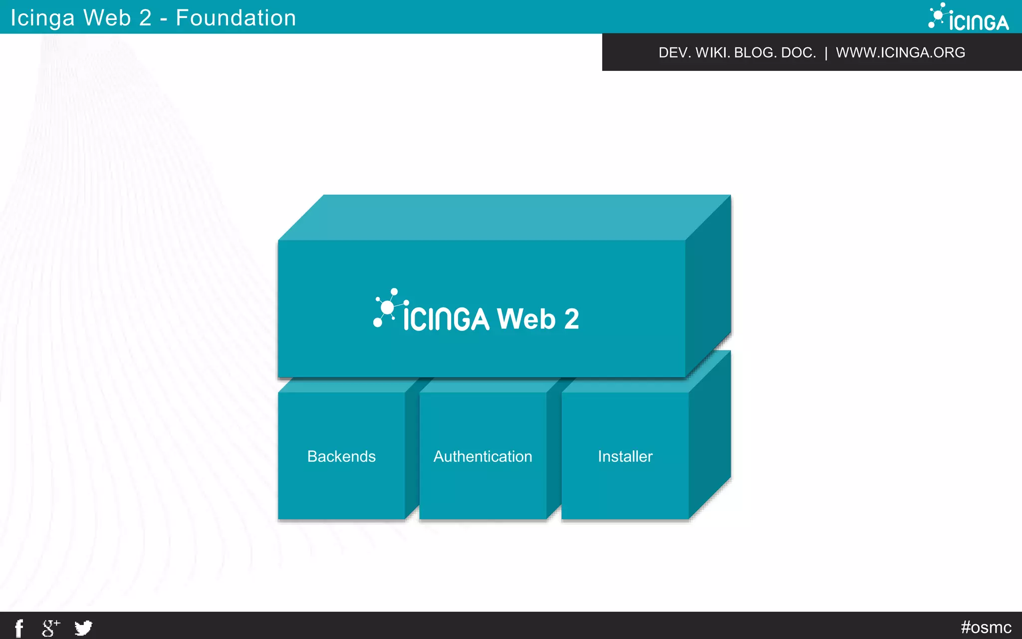 DEV. WIKI. BLOG. DOC. | WWW.ICINGA.ORG 
Framework / IcingWa PeHbP 2 Library 
Backends Authentication Installer 
#osmc 
Icinga Web 2 - Foundation 
 