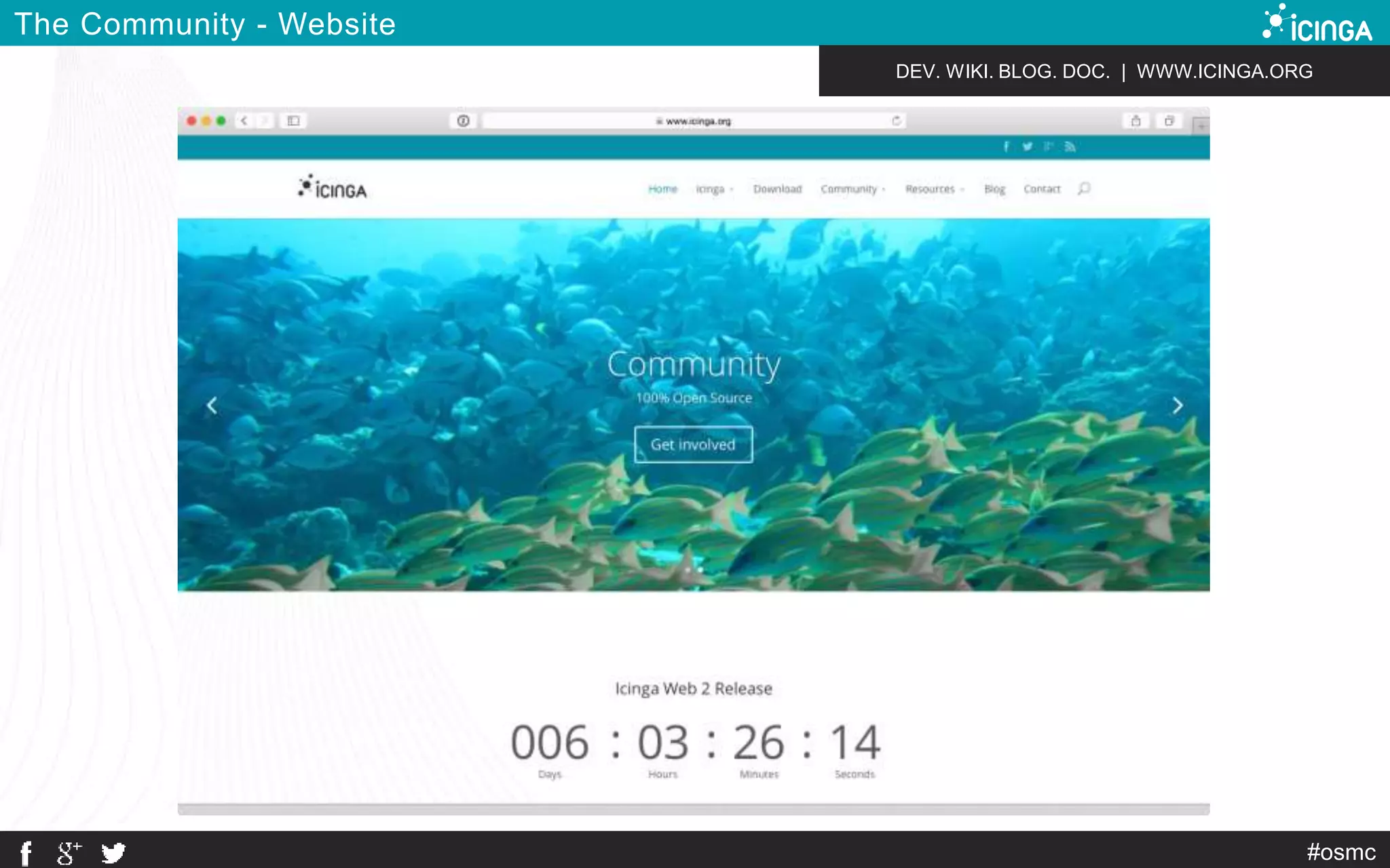 DEV. WIKI. BLOG. DOC. | WWW.ICINGA.ORG 
#osmc 
The Community - Website 
 