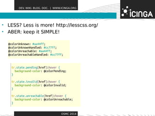 DEV. WIKI. BLOG. DOC. | WWW.ICINGA.ORG 
• LESS? Less is more! httpF:/e/leastsucrsess.org/ 
• ABER: keep it SIMPLE! 
OSMC 2014 
 