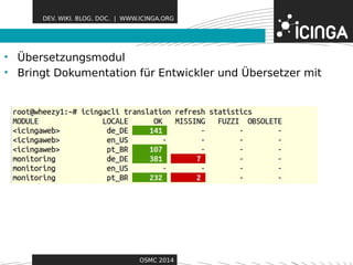 DEV. WIKI. BLOG. DOC. | WWW.ICINGA.ORG 
• Übersetzungsmodul Features 
• Bringt Dokumentation für Entwickler und Übersetzer mit 
OSMC 2014 
 
