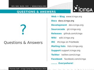 DEV. WIKI. BLOG. DOC. | WWW.ICINGA.ORG 
QUESTIONS & ANSWERS 
Thomas Gelf - Icinga Camp San Francisco 2014 
Web + Blog www.icinga.org 
Docs docs.icinga.org 
Development dev.icinga.org 
Sourcecode git.icinga.org 
Releases github.com/Icinga 
Wiki wiki.icinga.org 
IRC #icinga on FreeNode 
Mailing lists lists.icinga.org 
Support support.icinga.org 
Twitter twitter.com/icinga 
Facebook facebook.com/icinga 
…….. Everywhere! 
? 
Questions & Answers 
