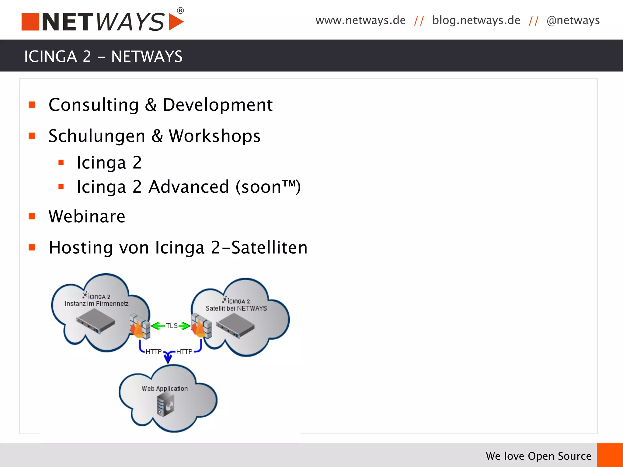www.netways.de // blog.netways.de // @netways 
We love Open Source 
ICINGA 2 - NETWAYS 
￭ Consulting & Development 
￭ Schulungen & Workshops 
§ Icinga 2 
§ Icinga 2 Advanced (soon™) 
￭ Webinare 
￭ Hosting von Icinga 2-Satelliten 
 