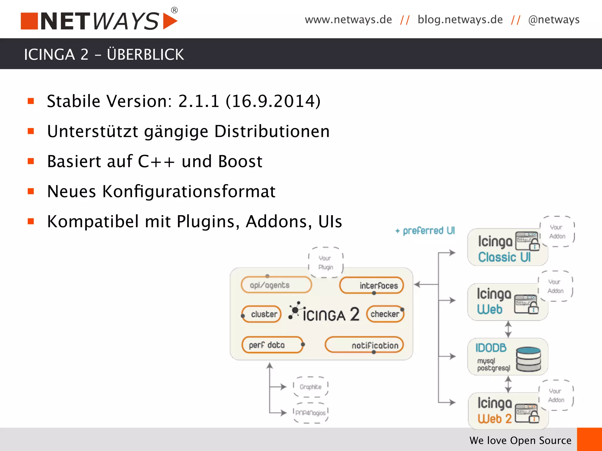 www.netways.de // blog.netways.de // @netways 
We love Open Source 
ICINGA 2 – ÜBERBLICK 
￭ Stabile Version: 2.1.1 (16.9.2014) 
￭ Unterstützt gängige Distributionen 
￭ Basiert auf C++ und Boost 
￭ Neues Konfigurationsformat 
￭ Kompatibel mit Plugins, Addons, UIs 
 