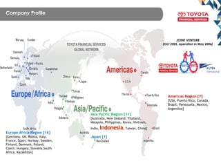 Asia Pacific Region [11]
[Australia, New Zealand, Thailand,
Malaysia, Philippines, Korea, Vietnam,
India, Indonesia, Taiwan, China]
Japan [1]
Americas Region [7]
[USA, Puerto Rico, Canada,
Brazil, Venezuela, Mexico,
Argentina]
Europe Africa Region [16]
[Germany, UK, Russia, Italy,
France, Spain, Norway, Sweden,
Finland, Denmark, Poland,
Czech, Hungary, Slovakia,South
Africa, Kazakhtan]
50% 50%
JOINT VENTURE
(Oct 2005, operation in May 2006)
Company Profile
 
