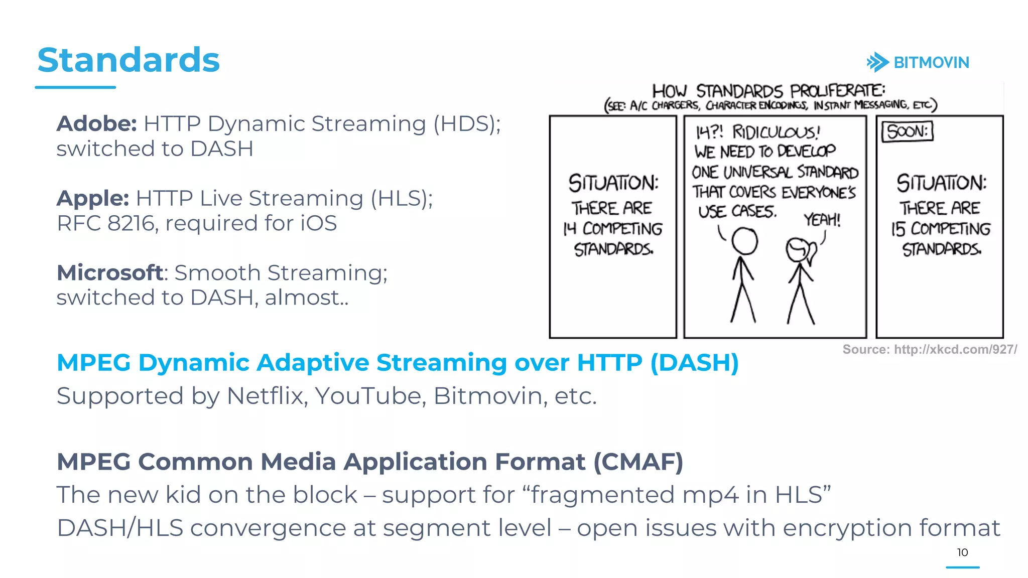 Adobe: HTTP Dynamic Streaming (HDS);
switched to DASH
Apple: HTTP Live Streaming (HLS);
RFC 8216, required for iOS
Microsoft: Smooth Streaming;
switched to DASH, almost..
Standards
10
Source: http://xkcd.com/927/
MPEG Dynamic Adaptive Streaming over HTTP (DASH)
Supported by Netflix, YouTube, Bitmovin, etc.
MPEG Common Media Application Format (CMAF)
The new kid on the block – support for “fragmented mp4 in HLS”
DASH/HLS convergence at segment level – open issues with encryption format
 