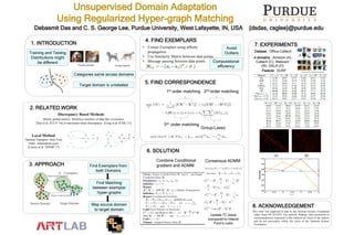 Debasmit Das and C. S. George Lee, Purdue University, West Lafayette, IN, USA {dsdas, csglee}@purdue.edu
Unsupervised Domain Adaptation
Using Regularized Hyper-graph Matching
1. INTRODUCTION
Training and Testing
Distributions might
be different
2. RELATED WORK
3. APPROACH
4. FIND EXEMPLARS
5. FIND CORRESPONDENCE
8. ACKNOWLEDGEMENT
7. EXPERIMENTS
This work was supported in part by the National Science Foundation
under Grant IIS-1813935. Any opinion, findings, and conclusions or
recommendations expressed in this material are those of the authors
and do not necessarily reflect the views of the National Science
Foundation.
Find Exemplars from
both Domains
Find Matching
between exemplar
hyper-graphs
Training Samples Testing Samples
Categories same across domains
Target domain is unlabeled
Map source domain
to target domain
Dataset : Office-Caltech
4 domains : Amazon (A),
Caltech (C), Webcam
(W), DSLR (D)
Feature : SURF
Discrepancy Based Methods
Mostly global metrics. Minimize statistics of data like covariance
[Sun et al. ECCV’16] or maximum mean discrepancy [Long et al. ICML’15]
Local Method
Optimal Transport. Only First
Order information used.
[Courty et al. TPAMI’17]
2nd order matching1st order matching
3rd order matching
Group-Lasso
6. SOLUTION
Consensus ADMMCombine Conditional
gradient and ADMM
Update TC linear
compared to Interior
Point’s cubic
• Extract Exemplars using affinity
propagation
• Use Similarity Matrix between data points
• Message passing between data points Computational
efficiency
Avoid
Outliers
 