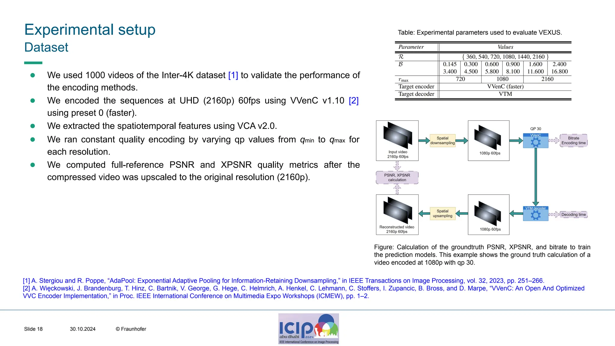 MHV’24 Experimental setup 30.10.2024 © Fraunhofer Slide 18 ● We used 1000 videos of the Inter-4K dataset [1] to validate the performance of the encoding methods. ● We encoded the sequences at UHD (2160p) 60fps using VVenC v1.10 [2] using preset 0 (faster). ● We extracted the spatiotemporal features using VCA v2.0. ● We ran constant quality encoding by varying qp values from qmin to qmax for each resolution. ● We computed full-reference PSNR and XPSNR quality metrics after the compressed video was upscaled to the original resolution (2160p). Table: Experimental parameters used to evaluate VEXUS. [1] A. Stergiou and R. Poppe, “AdaPool: Exponential Adaptive Pooling for Information-Retaining Downsampling,” in IEEE Transactions on Image Processing, vol. 32, 2023, pp. 251–266. [2] A. Więckowski, J. Brandenburg, T. Hinz, C. Bartnik, V. George, G. Hege, C. Helmrich, A. Henkel, C. Lehmann, C. Stoffers, I. Zupancic, B. Bross, and D. Marpe, “VVenC: An Open And Optimized VVC Encoder Implementation,” in Proc. IEEE International Conference on Multimedia Expo Workshops (ICMEW), pp. 1–2. Figure: Calculation of the groundtruth PSNR, XPSNR, and bitrate to train the prediction models. This example shows the ground truth calculation of a video encoded at 1080p with qp 30. Dataset 