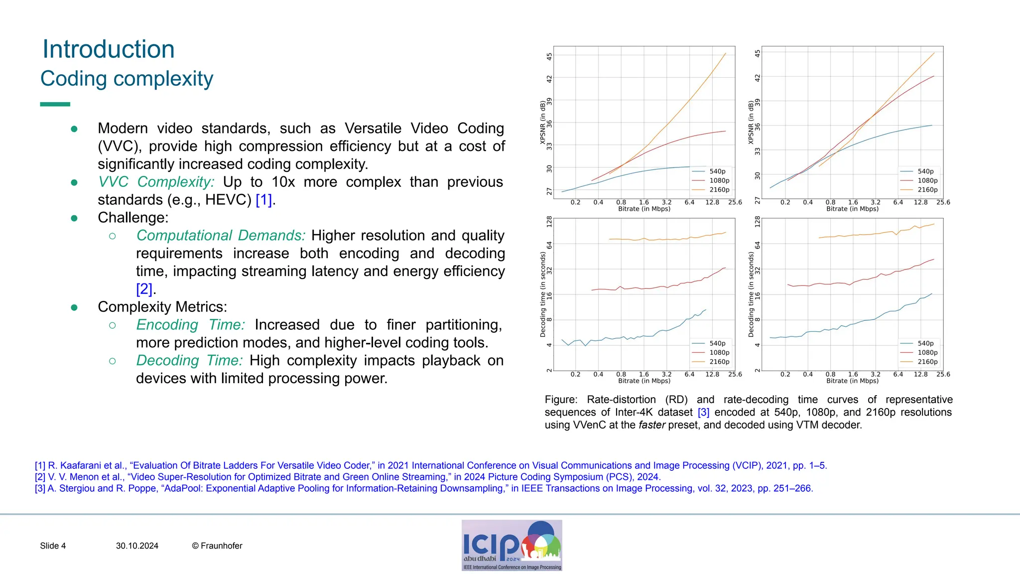 MHV’24 Introduction 30.10.2024 © Fraunhofer Slide 4 Coding complexity ● Modern video standards, such as Versatile Video Coding (VVC), provide high compression efficiency but at a cost of significantly increased coding complexity. ● VVC Complexity: Up to 10x more complex than previous standards (e.g., HEVC) [1]. ● Challenge: ○ Computational Demands: Higher resolution and quality requirements increase both encoding and decoding time, impacting streaming latency and energy efficiency [2]. ● Complexity Metrics: ○ Encoding Time: Increased due to finer partitioning, more prediction modes, and higher-level coding tools. ○ Decoding Time: High complexity impacts playback on devices with limited processing power. Figure: Rate-distortion (RD) and rate-decoding time curves of representative sequences of Inter-4K dataset [3] encoded at 540p, 1080p, and 2160p resolutions using VVenC at the faster preset, and decoded using VTM decoder. [1] R. Kaafarani et al., “Evaluation Of Bitrate Ladders For Versatile Video Coder,” in 2021 International Conference on Visual Communications and Image Processing (VCIP), 2021, pp. 1–5. [2] V. V. Menon et al., “Video Super-Resolution for Optimized Bitrate and Green Online Streaming,” in 2024 Picture Coding Symposium (PCS), 2024. [3] A. Stergiou and R. Poppe, “AdaPool: Exponential Adaptive Pooling for Information-Retaining Downsampling,” in IEEE Transactions on Image Processing, vol. 32, 2023, pp. 251–266. 