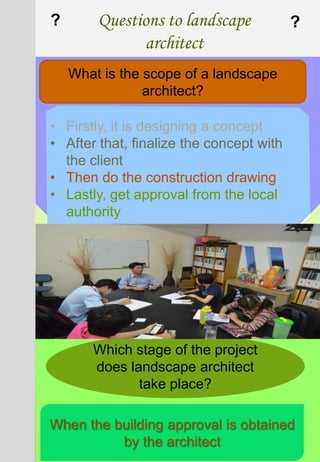 Questions to landscape
architect
What is the scope of a landscape
architect?
? ?
Which stage of the project
does landscape architect
take place?
• Firstly, it is designing a concept
• After that, finalize the concept with
the client
• Then do the construction drawing
• Lastly, get approval from the local
authority
When the building approval is obtained
by the architect
 