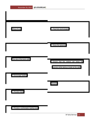 November 26, 2013

[@ LEISURELAX]

Objectives

• Free from technologies

• Enjoy the greenery

The role of the book café
• Ensure that the visitors can enjoy the

scenery while taking a break at the café

• Encourage reading

Details

• Provide meals

• Provide a comfortable reading area

SP Setia Berhad 13

 