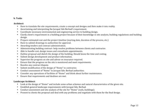 b.	
  Tasks	
  
	
  
Architect:	
  
• Have	
  to	
  translate	
  the	
  site	
  requirements,	
  create	
  a	
  concept	
  and	
  designs	
  and	
  then	
  make	
  it	
  into	
  reality.	
  
• Ascertaining	
  and	
  interpreting	
  the	
  Jurupat	
  Sdn	
  Berhad’s	
  requirement.	
  
• Coordinate	
  necessary	
  environmental	
  and	
  engineering	
  service	
  to	
  building	
  design.	
  
• Clarify	
  client’s	
  requirement	
  in	
  a	
  building	
  project	
  because	
  of	
  their	
  knowledge	
  in	
  site	
  analysis,	
  building	
  regulations	
  and	
  building	
  
design.	
  
• Prepare	
  estimated	
  cost	
  and	
  the	
  project	
  timeline	
  (starting	
  date,	
  duration	
  of	
  the	
  process,	
  etc.)	
  
• Have	
  to	
  submit	
  drawings	
  to	
  authorities	
  for	
  approval.	
  
• Awarding	
  tenders	
  and	
  contract	
  administration.	
  	
  
• Administrating	
  building	
  contract-­‐	
  help	
  resolve	
  problems	
  between	
  clients	
  and	
  contractor.	
  
• Able	
  to	
  handle	
  cost,	
  design	
  issues	
  and	
  consultants	
  appointments.	
  
• Outline	
  proposal	
  and	
  sketch	
  the	
  design	
  of	
  the	
  building.	
  Should	
  know	
  the	
  time	
  and	
  costing.	
  
• Submit	
  design	
  development	
  and	
  product	
  information.	
  
• Supervise	
  the	
  progress	
  on	
  site	
  and	
  advise	
  on	
  insurance	
  required.	
  
• Ensure	
  that	
  the	
  progress	
  on	
  the	
  site	
  is	
  monitored	
  and	
  meet	
  requirements.	
  
• Resolve	
  any	
  contract	
  dispute.	
  
• Submit	
  modification	
  of	
  the	
  design	
  of	
  “Home”	
  to	
  contractor.	
  
• Conduct	
  assessment	
  of	
  “Home”	
  to	
  Jurupat	
  Sdn.	
  Berhad	
  authorities.	
  
• Consider	
  any	
  operations	
  of	
  facilities	
  of	
  “Home”	
  and	
  think	
  about	
  further	
  maintenance.	
  
• Ensure	
  that	
  requirements	
  and	
  dealines	
  are	
  met.	
  
	
  
Landscape	
  Architect:	
  
• Look	
  at	
  the	
  design	
  of	
  “Home”	
  and	
  include	
  some	
  urban	
  schemes	
  and	
  natural	
  characteristics	
  of	
  the	
  given	
  site.	
  
• Establish	
  general	
  landscape	
  requirements	
  with	
  Jurupat	
  Sdn.	
  Berhad.	
  
• Conduct	
  assessment	
  and	
  site	
  analysis	
  of	
  the	
  site	
  for	
  “Home”	
  (soils,	
  buildings).	
  
• Present	
  to	
  clients	
  the	
  proposal	
  and	
  deal	
  with	
  any	
  problems	
  and	
  negotiate	
  with	
  them	
  for	
  the	
  final	
  design.	
  	
  
Page	
  13	
  
 