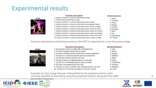 Experimental results
Semantic descriptions and elicited emotions MiniGPT-4 responses for a non-disturbing image.
Example of a test image that was misclassified by the baseline method, while
correctly classified as disturbing using the proposed method, along with the LMM-
generated responses.
9
 