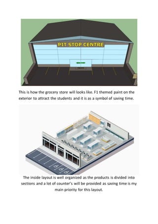 This is how the grocery store will looks like. F1 themed paint on the
exterior to attract the students and it is as a symbol of saving time.
The inside layout is well organized as the products is divided into
sections and a lot of counter’s will be provided as saving time is my
main priority for this layout.
 