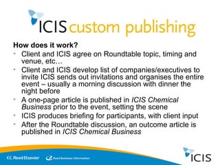 How does it work? Client and ICIS agree on Roundtable topic, timing and venue, etc… Client and ICIS develop list of companies/executives to invite ICIS sends out invitations and organises the entire event – usually a morning discussion with dinner the night before A one-page article is published in  ICIS Chemical Business  prior to the event, setting the scene ICIS produces briefing for participants, with client input After the Roundtable discussion, an outcome article is published in  ICIS Chemical Business 