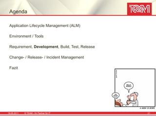 Agenda

 Application Lifecycle Management (ALM)

 Environment / Tools

 Requirement, Development, Build, Test, Release

 Change- / Release- / Incident Management

 Fazit




19.05.2011   © TEAM - Ihr Partner für IT          21
 