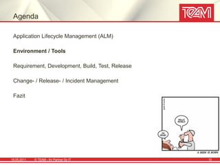 Agenda

 Application Lifecycle Management (ALM)

 Environment / Tools

 Requirement, Development, Build, Test, Release

 Change- / Release- / Incident Management

 Fazit




19.05.2011   © TEAM - Ihr Partner für IT          10
 