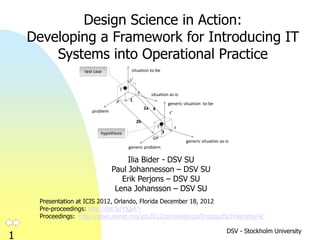 Design Science in Action:
    Developing a Framework for Introducing IT
        Systems into Operational Practice
                    test case               situation to-be
                                           s’

                                       ?
                                                s      situation as-is
                                   P       1
                                                                    generic situation to-be
                                                     2a 4
                        problem                                     t’
                                                2b
                                                            ?            t
                            hypothesis                          3
                                                        GP
                                                                             generic situation as-is
                                           generic problem

                                       Ilia Bider - DSV SU
                                  Paul Johannesson – DSV SU
                                     Erik Perjons – DSV SU
                                   Lena Johansson – DSV SU
     Presentation at ICIS 2012, Orlando, Florida December 18, 2012
     Pre-proceedings: http://bit.ly/YXp47r
     Proceedings: http://aisel.aisnet.org/icis2012/proceedings/EngagedScholarship/4/

                                                                                                   DSV - Stockholm University
1
 