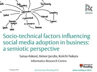 20 July 2010 Socio-technical factors influencing social media adoption in business: a semiotic perspective Sanaa Askool, Aimee Jacobs, Keiichi Nakata Informatics Research Centre 