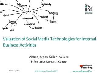 Valuation of Social Media Technologies for Internal
Business Activities

                      Aimee Jacobs, Keiichi Nakata
                       Informatics Research Centre

   28 February 2013      © University of Reading 2011   www.reading.ac.uk/irc
 