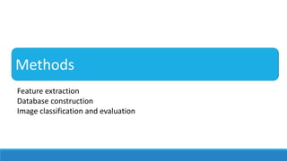 Methods
Feature extraction
Database construction
Image classification and evaluation
 
