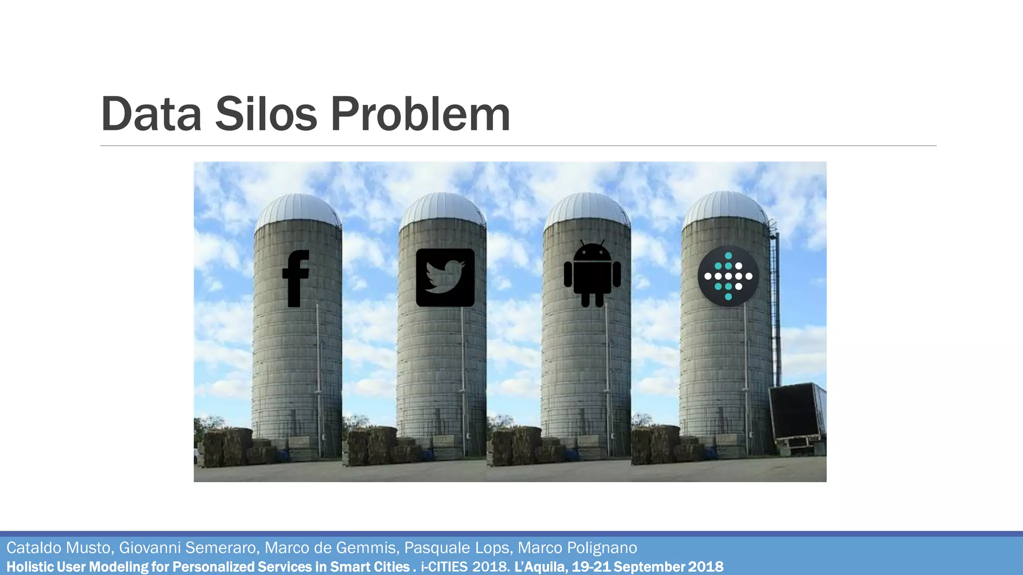Data Silos Problem
Cataldo Musto, Giovanni Semeraro, Marco de Gemmis, Pasquale Lops, Marco Polignano
Holistic User Modeling for Personalized Services in Smart Cities . i-CITIES 2018. L’Aquila, 19-21 September 2018
 