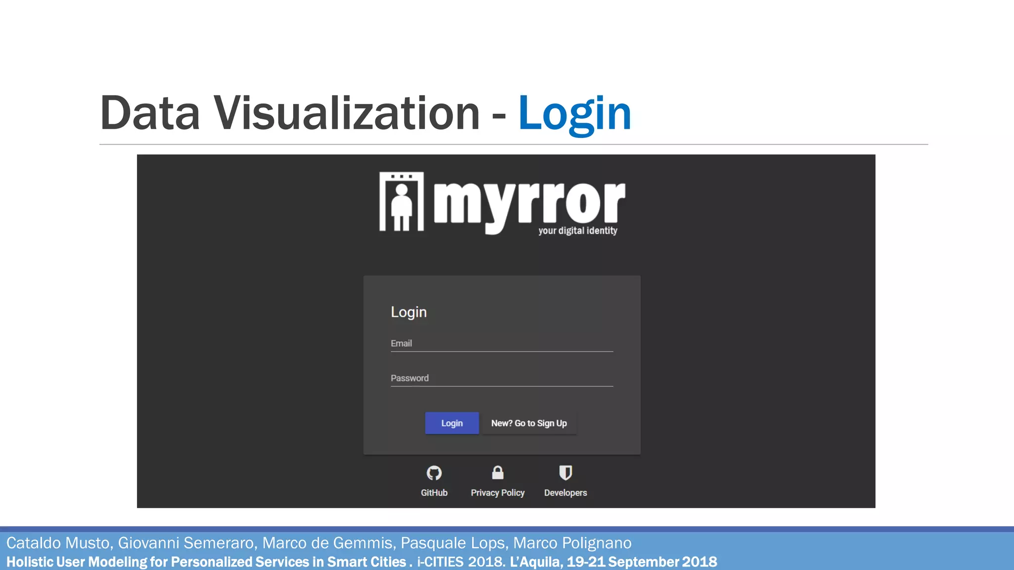 Data Visualization - Login
Cataldo Musto, Giovanni Semeraro, Marco de Gemmis, Pasquale Lops, Marco Polignano
Holistic User Modeling for Personalized Services in Smart Cities . i-CITIES 2018. L’Aquila, 19-21 September 2018
 