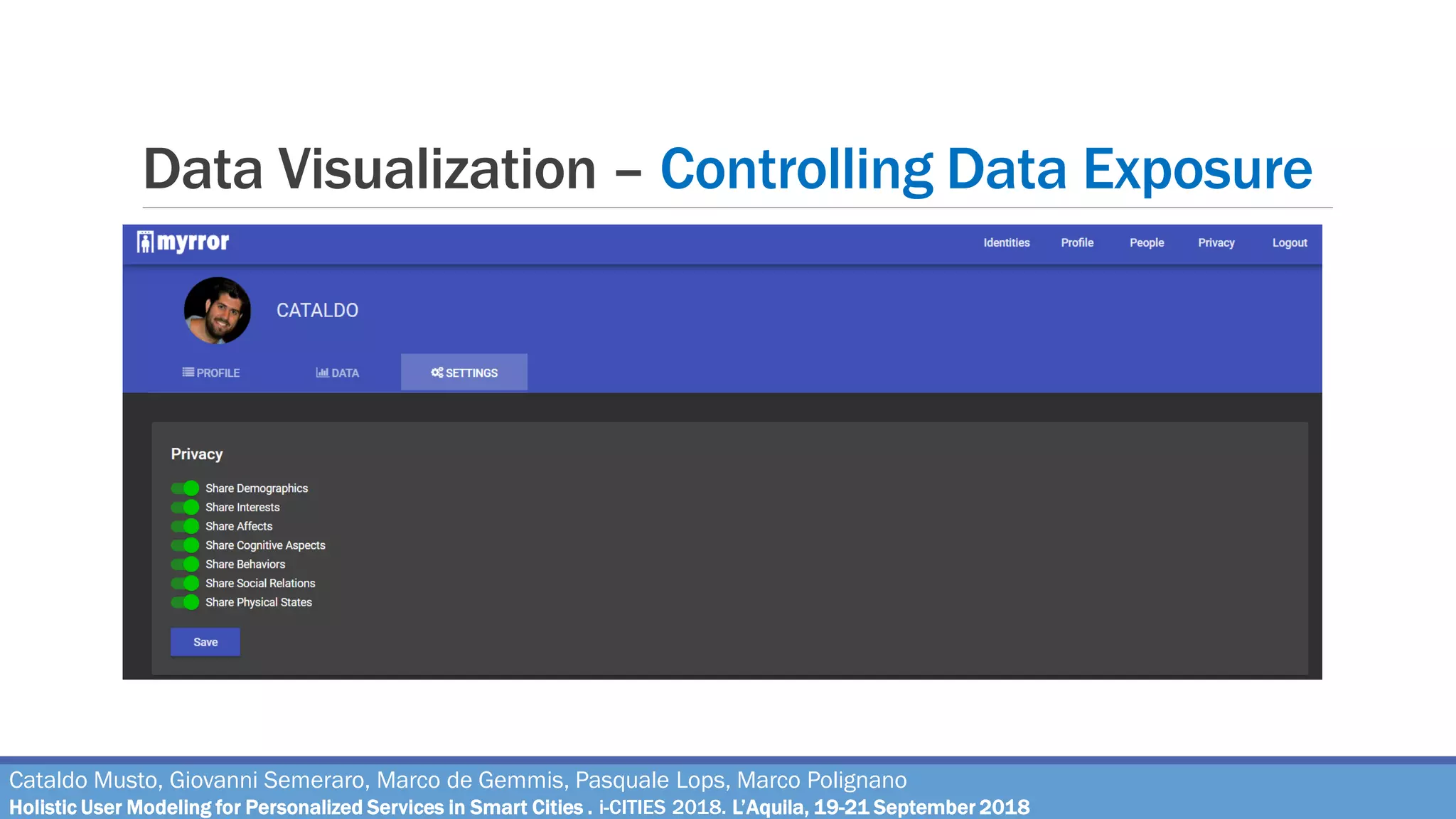 Data Visualization – Controlling Data Exposure
Cataldo Musto, Giovanni Semeraro, Marco de Gemmis, Pasquale Lops, Marco Polignano
Holistic User Modeling for Personalized Services in Smart Cities . i-CITIES 2018. L’Aquila, 19-21 September 2018
 