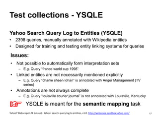 17
Test collections - YSQLE
Yahoo Search Query Log to Entities (YSQLE)
• 2398 queries, manually annotated with Wikipedia entities
• Designed for training and testing entity linking systems for queries
Issues:
• Not possible to automatically form interpretation sets
– E.g. Query “france world cup 1998”
• Linked entities are not necessarily mentioned explicitly
– E.g. Query “charlie sheen lohan” is annotated with Anger Management (TV
series)
• Annotations are not always complete
– E.g. Query “louisville courier journal” is not annotated with Louisville, Kentucky
Yahoo! Webscope L24 dataset - Yahoo! search query log to entities, v1.0. http://webscope.sandbox.yahoo.com/
☞ YSQLE is meant for the semantic mapping task
 