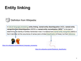 2
Entity linking
Definition from Wikipedia:
https://en.wikipedia.org/wiki/Natural_language_processing
https://en.wikipedia.org/wiki/Statistical_classification
 