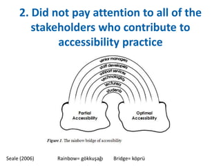 2. Did not pay attention to all of the 
stakeholders who contribute to 
accessibility practice 
Seale (2006) Rainbow= gökkuşağı Bridge= köprü 
 