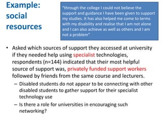 Example: 
social 
resources 
“through the college I could not believe the 
support and guidance I have been given to support 
my studies. It has also helped me come to terms 
with my disability and realise that I am not alone 
and I can also achieve as well as others and I am 
not a problem” 
• Asked which sources of support they accessed at university 
if they needed help using specialist technologies, 
respondents (n=144) indicated that their most helpful 
source of support was, privately funded support workers 
followed by friends from the same course and lecturers. 
– Disabled students do not appear to be connecting with other 
disabled students to gather support for their specialist 
technology use 
– Is there a role for universities in encouraging such 
networking? 
 