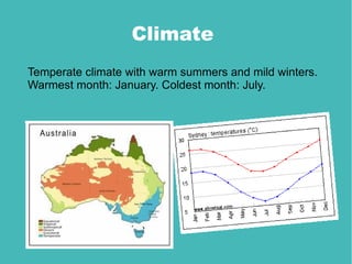 Climate
Temperate climate with warm summers and mild winters.
Warmest month: January. Coldest month: July.
 