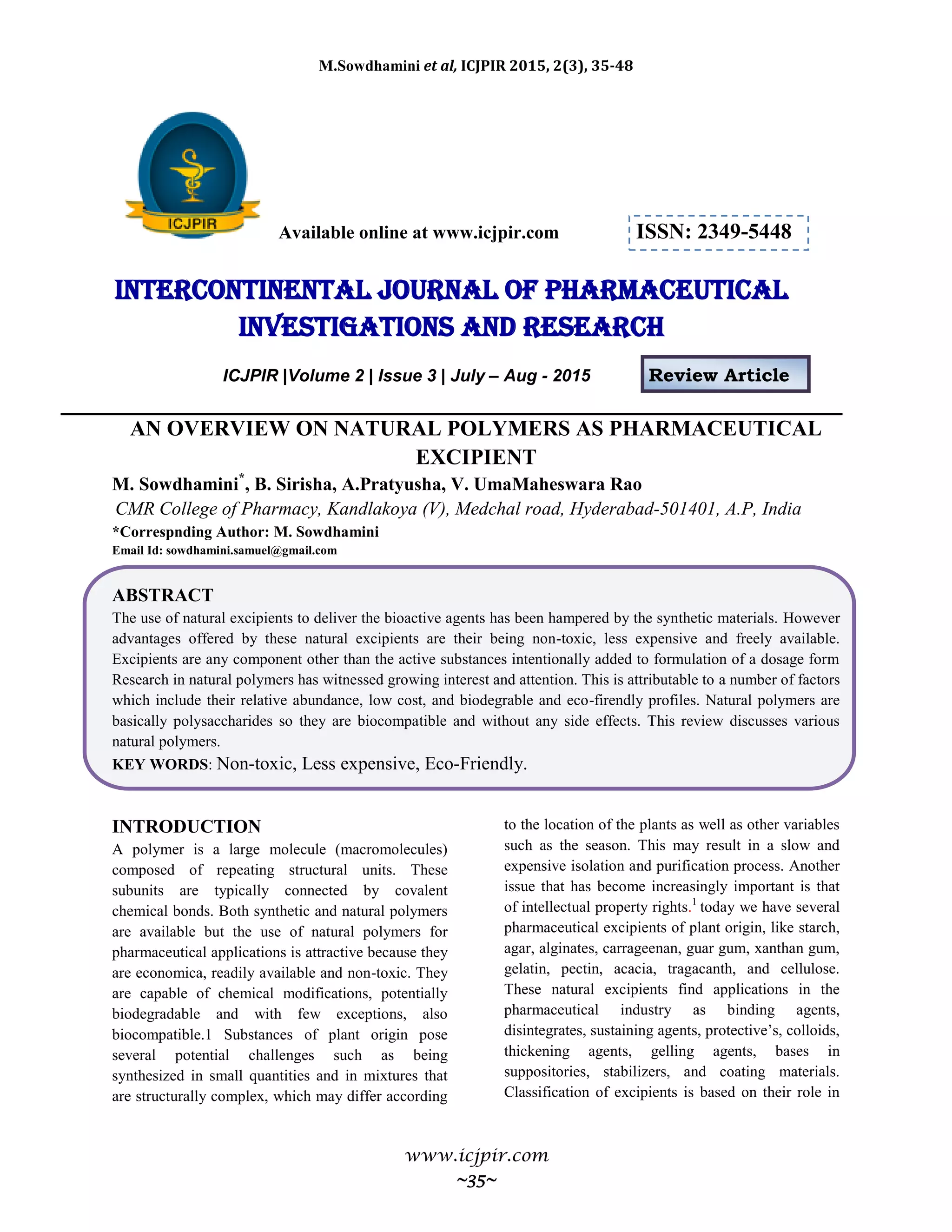 AN OVERVIEW ON NATURAL POLYMERS AS PHARMACEUTICAL EXCIPIENT | PDF