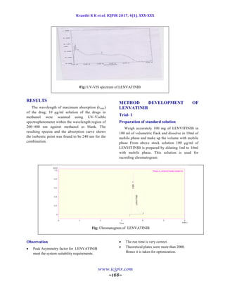 Kranthi K K et al, ICJPIR 2017, 4(1), XXX-XXX
www.icjpir.com
~168~
Fig: UV-VIS spectrum of LENVATINIB
RESULTS
The wavelength of maximum absorption (λmax)
of the drug, 10 μg/ml solution of the drugs in
methanol were scanned using UV-Visible
spectrophotometer within the wavelength region of
200–400 nm against methanol as blank. The
resulting spectra and the absorption curve shows
the isobestic point was found to be 240 nm for the
combination.
METHOD DEVELOPMENT OF
LENVATINIB
Trial- 1
Preparation of standard solution
Weigh accurately 100 mg of LENVITINIB in
100 ml of volumetric flask and dissolve in 10ml of
mobile phase and make up the volume with mobile
phase From above stock solution 100 µg/ml of
LENVITINIB is prepared by diluting 1ml to 10ml
with mobile phase. This solution is used for
recording chromatogram.
Fig: Chromatogram of LENVATINIB
Observation
 Peak Asymmetry factor for LENVATINIB
meet the system suitability requirements.
 The run time is very correct.
 Theoretical plates were more than 2000.
Hence it is taken for optimization.
 