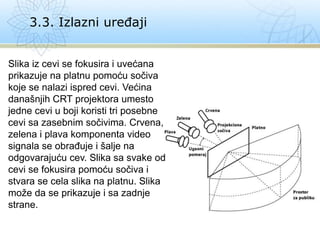 Slika iz cevi se fokusira i uvećana
prikazuje na platnu pomoću sočiva
koje se nalazi ispred cevi. Većina
današnjih CRT projektora umesto
jedne cevi u boji koristi tri posebne
cevi sa zasebnim sočivima. Crvena,
zelena i plava komponenta video
signala se obrađuje i šalje na
odgovarajuću cev. Slika sa svake od
cevi se fokusira pomoću sočiva i
stvara se cela slika na platnu. Slika
može da se prikazuje i sa zadnje
strane.
3.3. Izlazni uređaji
 