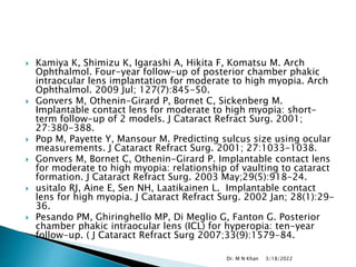  Kamiya K, Shimizu K, Igarashi A, Hikita F, Komatsu M. Arch
Ophthalmol. Four-year follow-up of posterior chamber phakic
intraocular lens implantation for moderate to high myopia. Arch
Ophthalmol. 2009 Jul; 127(7):845-50.
 Gonvers M, Othenin-Girard P, Bornet C, Sickenberg M.
Implantable contact lens for moderate to high myopia: short-
term follow-up of 2 models. J Cataract Refract Surg. 2001;
27:380-388.
 Pop M, Payette Y, Mansour M. Predicting sulcus size using ocular
measurements. J Cataract Refract Surg. 2001; 27:1033-1038.
 Gonvers M, Bornet C, Othenin-Girard P. Implantable contact lens
for moderate to high myopia: relationship of vaulting to cataract
formation. J Cataract Refract Surg. 2003 May;29(5):918-24.
 usitalo RJ, Aine E, Sen NH, Laatikainen L. Implantable contact
lens for high myopia. J Cataract Refract Surg. 2002 Jan; 28(1):29-
36.
 Pesando PM, Ghiringhello MP, Di Meglio G, Fanton G. Posterior
chamber phakic intraocular lens (ICL) for hyperopia: ten-year
follow-up. ( J Cataract Refract Surg 2007;33(9):1579-84.
3/18/2022
Dr. M N Khan
 