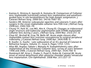  Kamiya K, Shimizu K, Igarashi A, Komatsu M. Comparison of Collamer
toric implantable [corrected] contact lens implantation and wavefront-
guided laser in situ keratomileusis for high myopic astigmatism. J
Cataract Refract Surg. 2008 Oct; 34(10):1687-93.
 Sanders DR. Anterior subcapsular opacities and cataracts 5 years after
surgery in the visian implantable collamer lens FDA trial. J Refract Surg.
2008 Jun; 24(6):566-70.
 Chung TY, Park SC, Lee MO, Ahn K, Chung ES. Changes in iridocorneal
angle structure and trabecular pigmentation with STAAR implantable
collamer lens during 2 years. J Refract Surg. 2009 Mar; 25(3):251-8.
 Chan KC, Birchall W, Gray TB, Wells AP. Acute angle closure after
implantable contact lens insertion unresponsive to surgical peripheral
iridectomy. J Cataract Refract Surg. 2008 Apr; 34(4):696-9.
 R. Kaufer, G. Kaufer. Late subluxation of an ICL Journal of Cataract &
Refractive Surgery, Volume 31, Issue 6, Pages 1254-1255.
 Allan BD, Argeles-Sabate I, Mamalis N. Endophthalmitis rates after
implantation of the intraocular Collamer lens: survey of users between
1998 and 2006. J Cataract Refract Surg. 2009 Apr; 35(4):766-9.
 Domènech NP, Arias L, Prades S, Pujol O, Rubio M, Caminal JM. Acute
onset of retinal detachment after posterior chamber phakic intraocular
lens implantation. Clin Ophthalmol. 2008 Mar; 2(1):227-31
3/18/2022
Dr. M N Khan
 